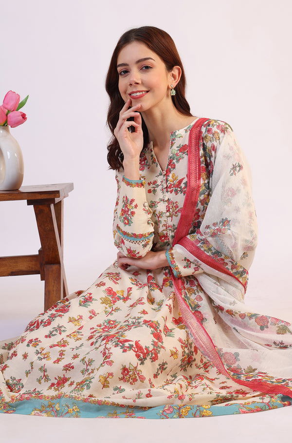 White Floral Printed Flared Pure Cotton Kurta & Straight Pant With Dupatta Set