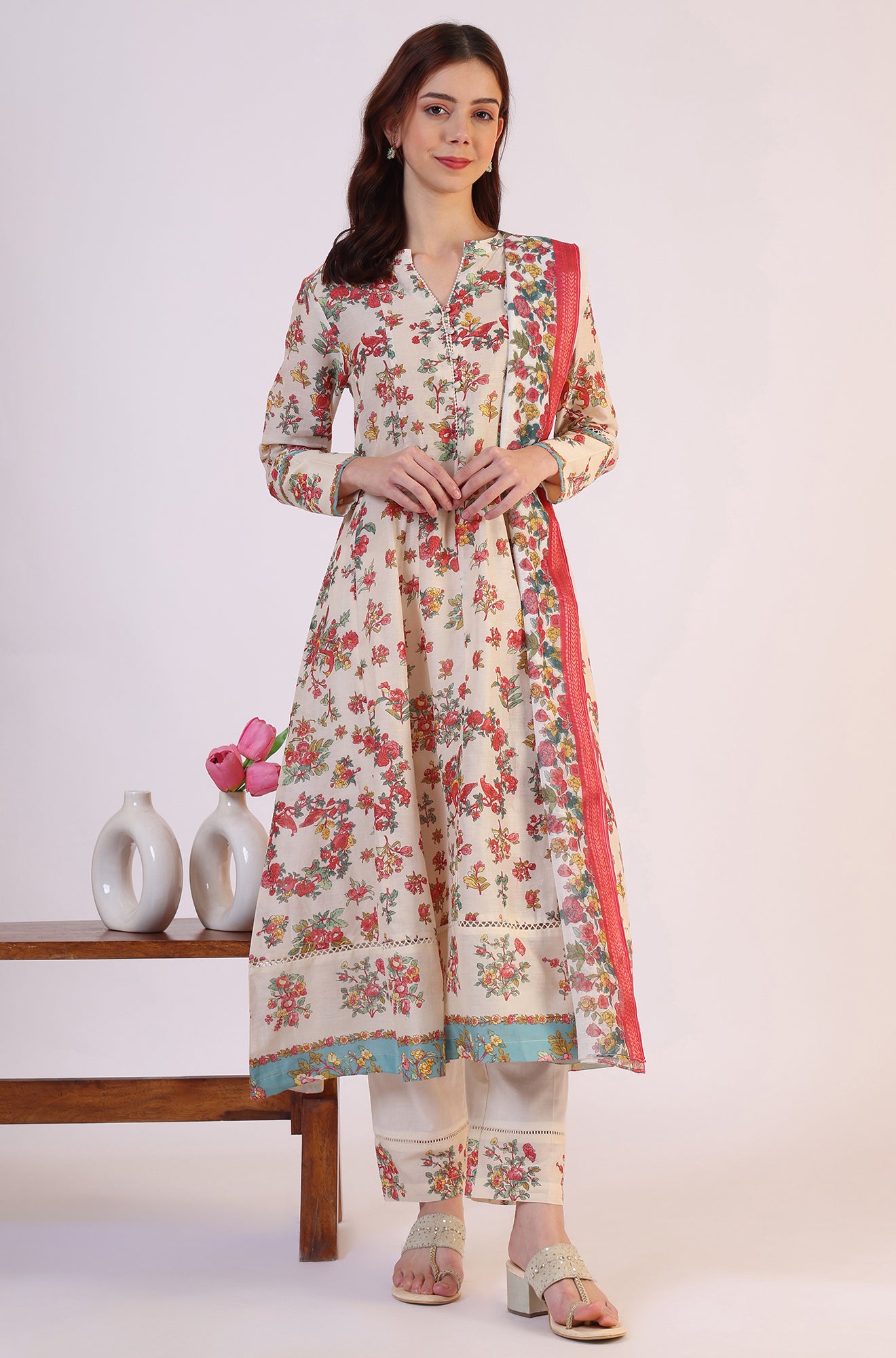 White Floral Printed Flared Pure Cotton Kurta &amp; Straight Pant With Dupatta Set