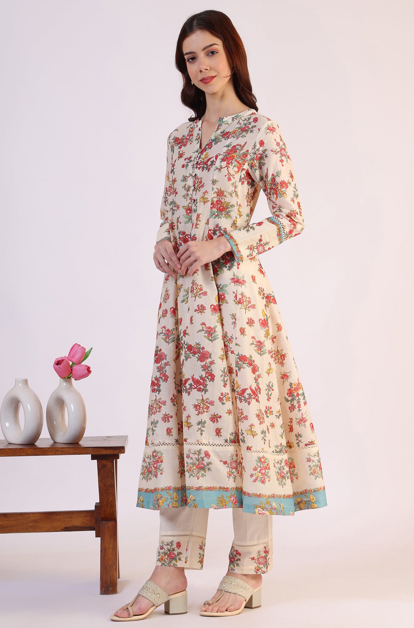 White Floral Printed Flared Pure Cotton Kurta &amp; Straight Pant With Dupatta Set