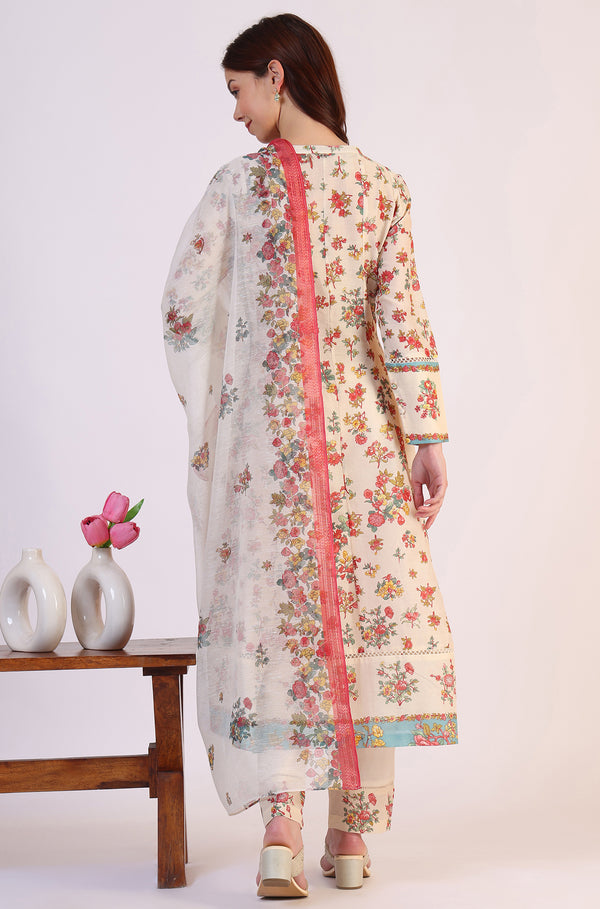 White Floral Printed Flared Pure Cotton Kurta & Straight Pant With Dupatta Set