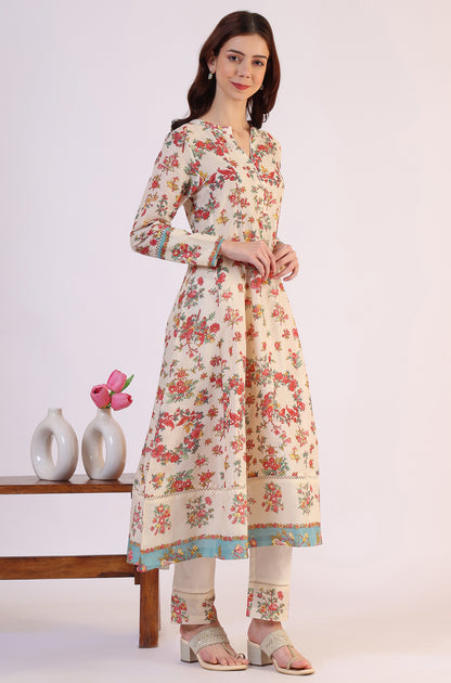 White Floral Printed Flared Pure Cotton Kurta &amp; Straight Pant With Dupatta Set