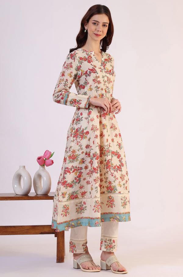 White Floral Printed Flared Pure Cotton Kurta & Straight Pant With Dupatta Set