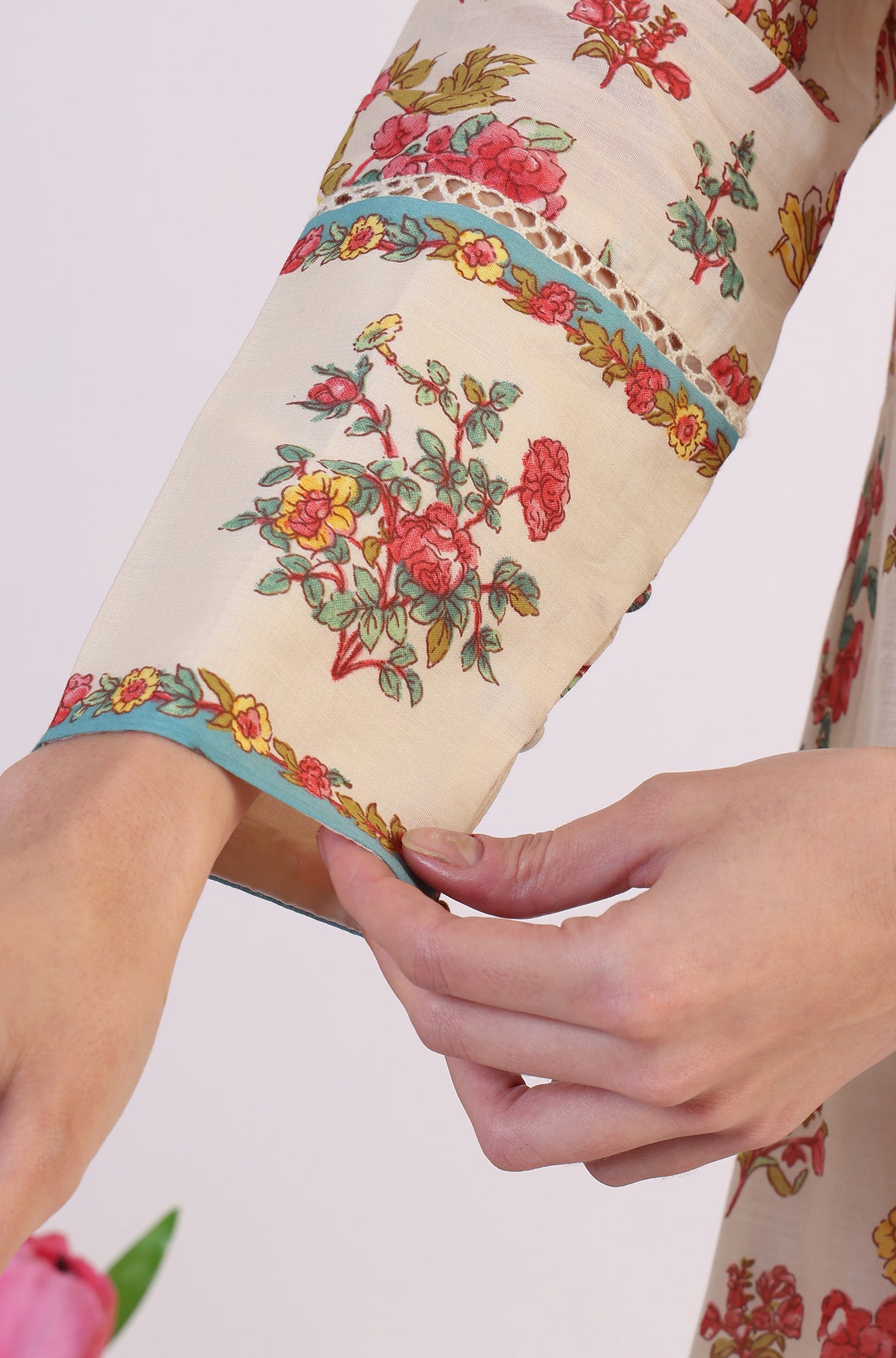 White Floral Printed Flared Pure Cotton Kurta &amp; Straight Pant With Dupatta Set