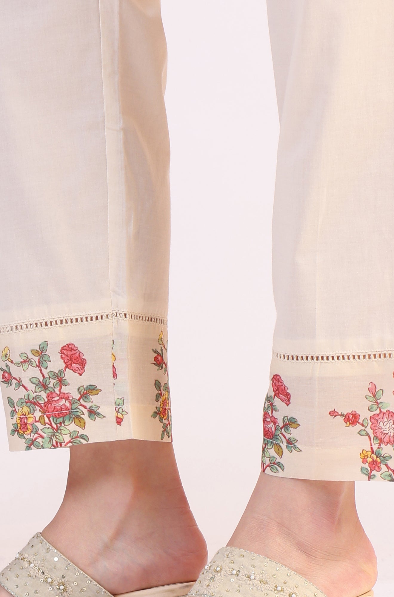 White Floral Printed Flared Pure Cotton Kurta &amp; Straight Pant With Dupatta Set