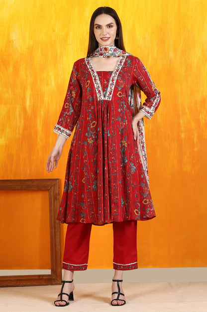 Red Floral Printed Pure Cotton Flared Kurta and Pants Co-ord Set with Dupatta