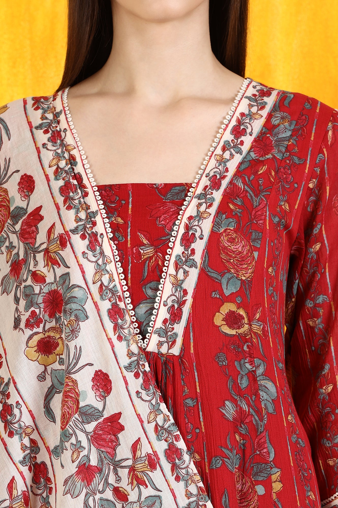 Red Floral Printed Pure Cotton Flared Kurta and Pants Co-ord Set with Dupatta