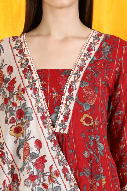 Red Floral Printed Pure Cotton Flared Kurta and Pants Co-ord Set with Dupatta