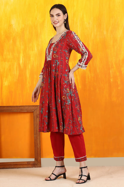 Red Floral Printed Pure Cotton Flared Kurta and Pants Co-ord Set with Dupatta