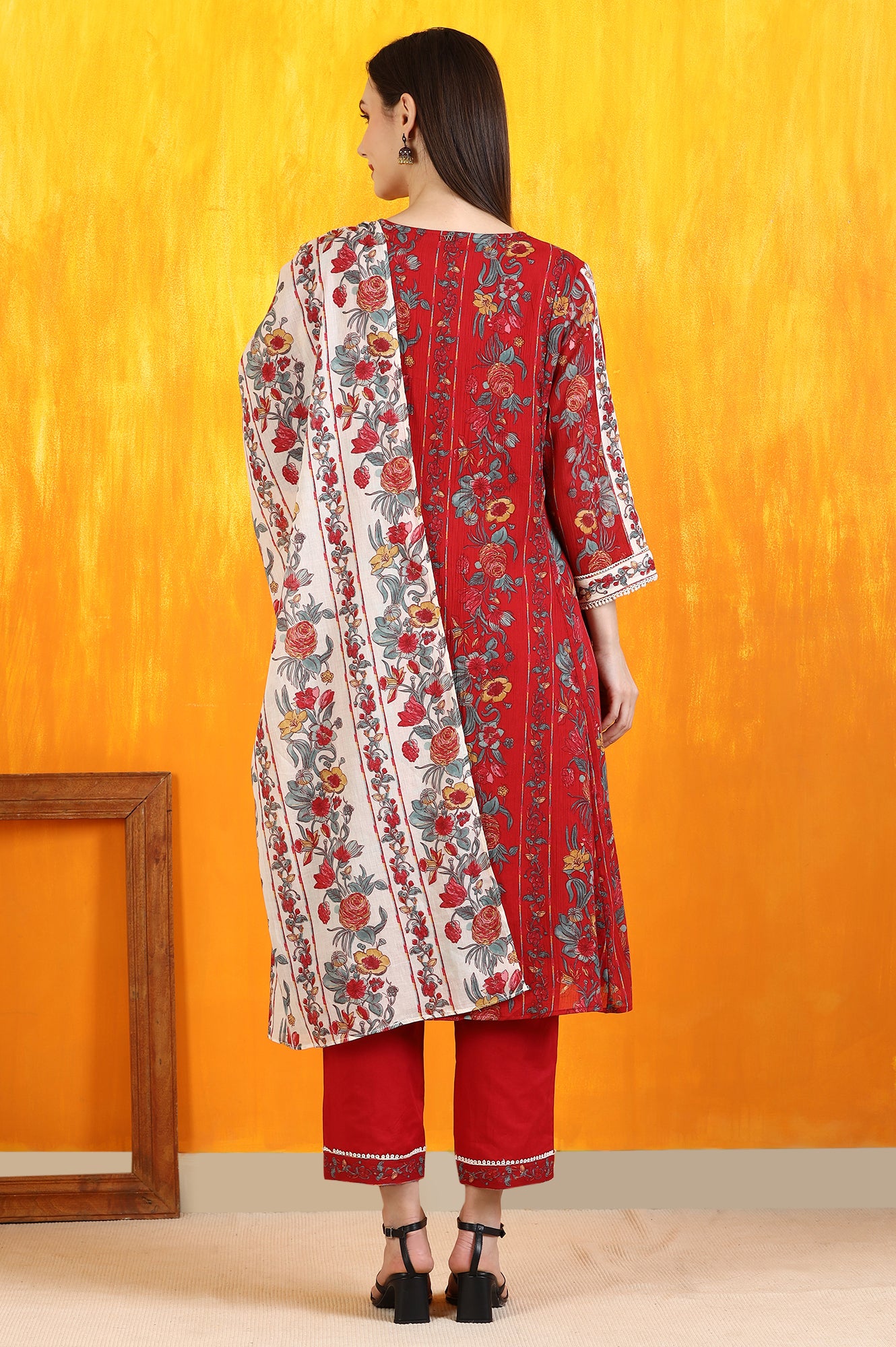 Red Floral Printed Pure Cotton Flared Kurta and Pants Co-ord Set with Dupatta