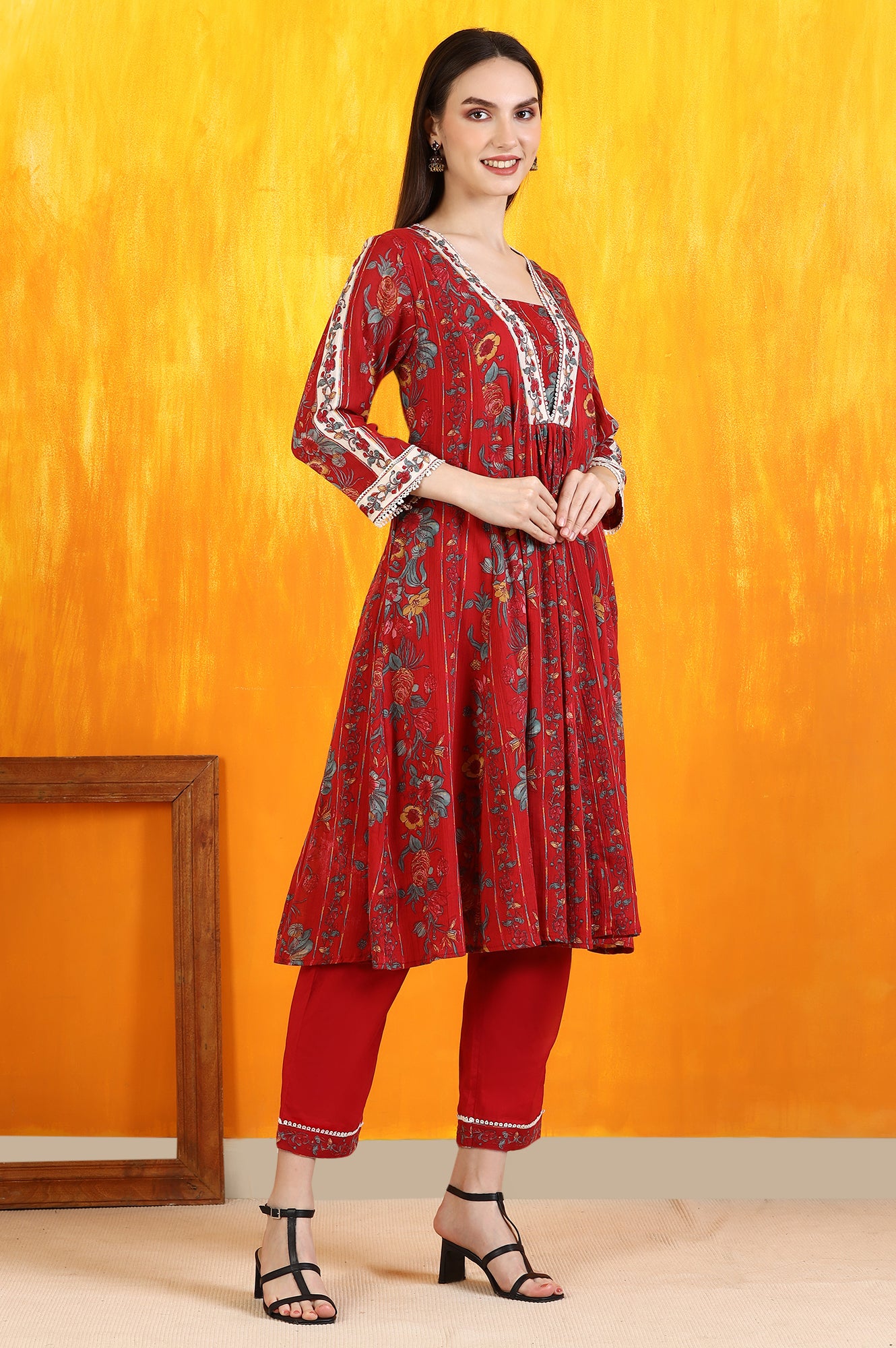 Red Floral Printed Pure Cotton Flared Kurta and Pants Co-ord Set with Dupatta