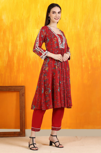 Red Floral Printed Pure Cotton Flared Kurta and Pants Co-ord Set with Dupatta