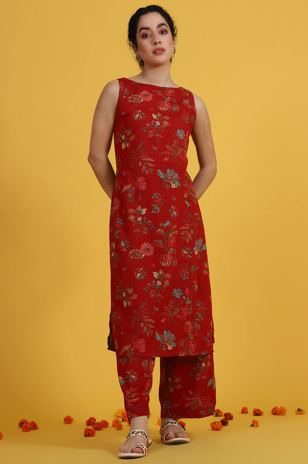Red Floral Printed Sleeveless A-line Kurta and Flared Pants Co-ord Set