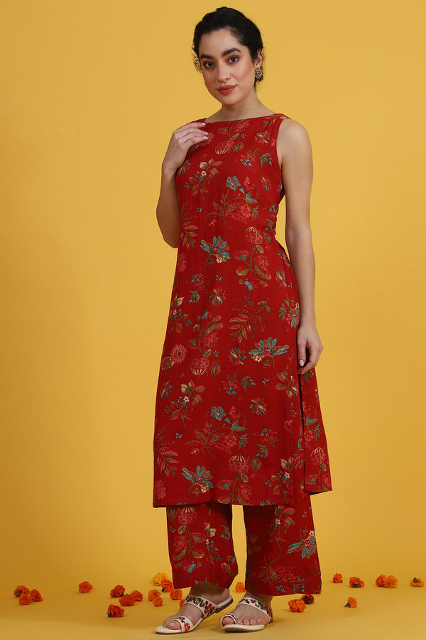 Red Floral Printed Sleeveless A-line Kurta and Flared Pants Co-ord Set