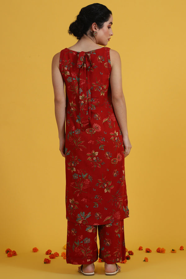 Red Floral Printed Sleeveless A-line Kurta and Flared Pants Co-ord Set