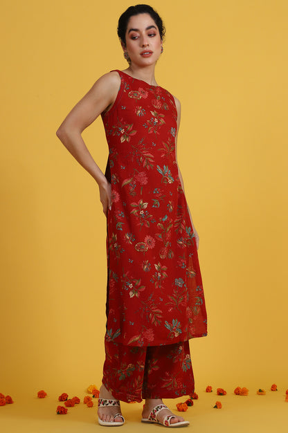 Red Floral Printed Sleeveless A-line Kurta and Flared Pants Co-ord Set