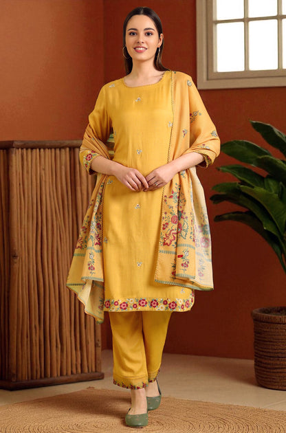 Solid A-line Rayon Kurta &amp; Straight Pant with Dupatta Set