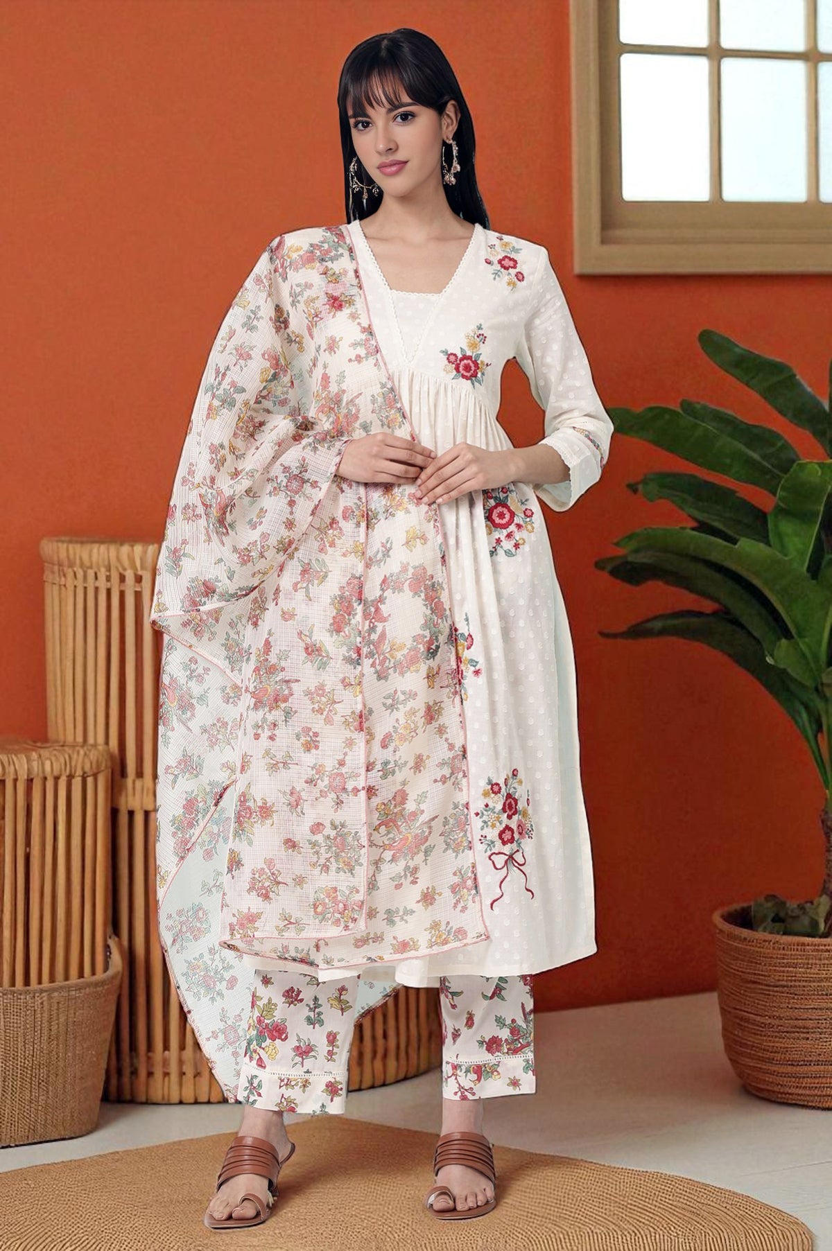 White Floral Printed Textured Cotton Kurta, Pants and Dupatta Set - M