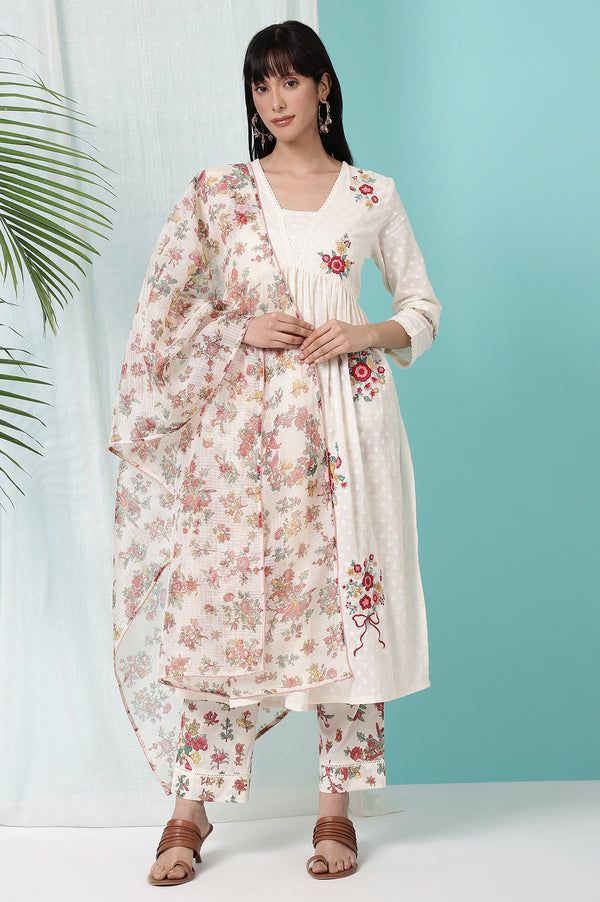 White Floral Printed Textured Cotton Kurta, Pants and Dupatta Set