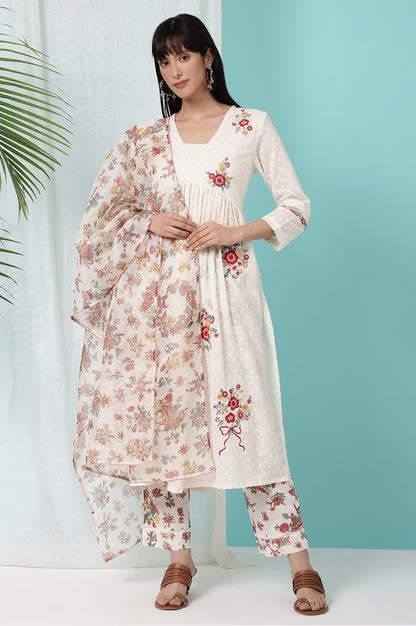 White Floral Printed Textured Cotton Kurta, Pants and Dupatta Set