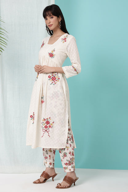 White Floral Printed Textured Cotton Kurta, Pants and Dupatta Set