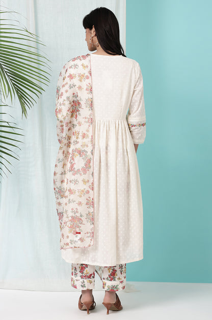 White Floral Printed Textured Cotton Kurta, Pants and Dupatta Set