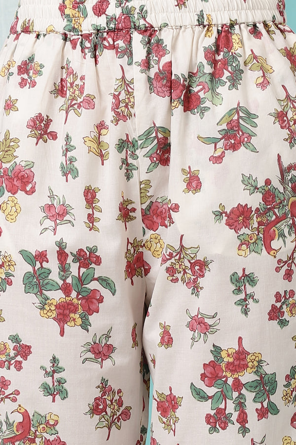 White Floral Printed Textured Cotton Kurta, Pants and Dupatta Set