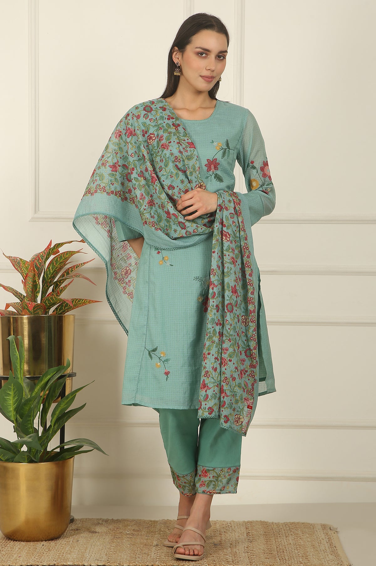 Blue Ari Embroidered Panelled Kurta, Straight Pants and Dupatta Set - S
