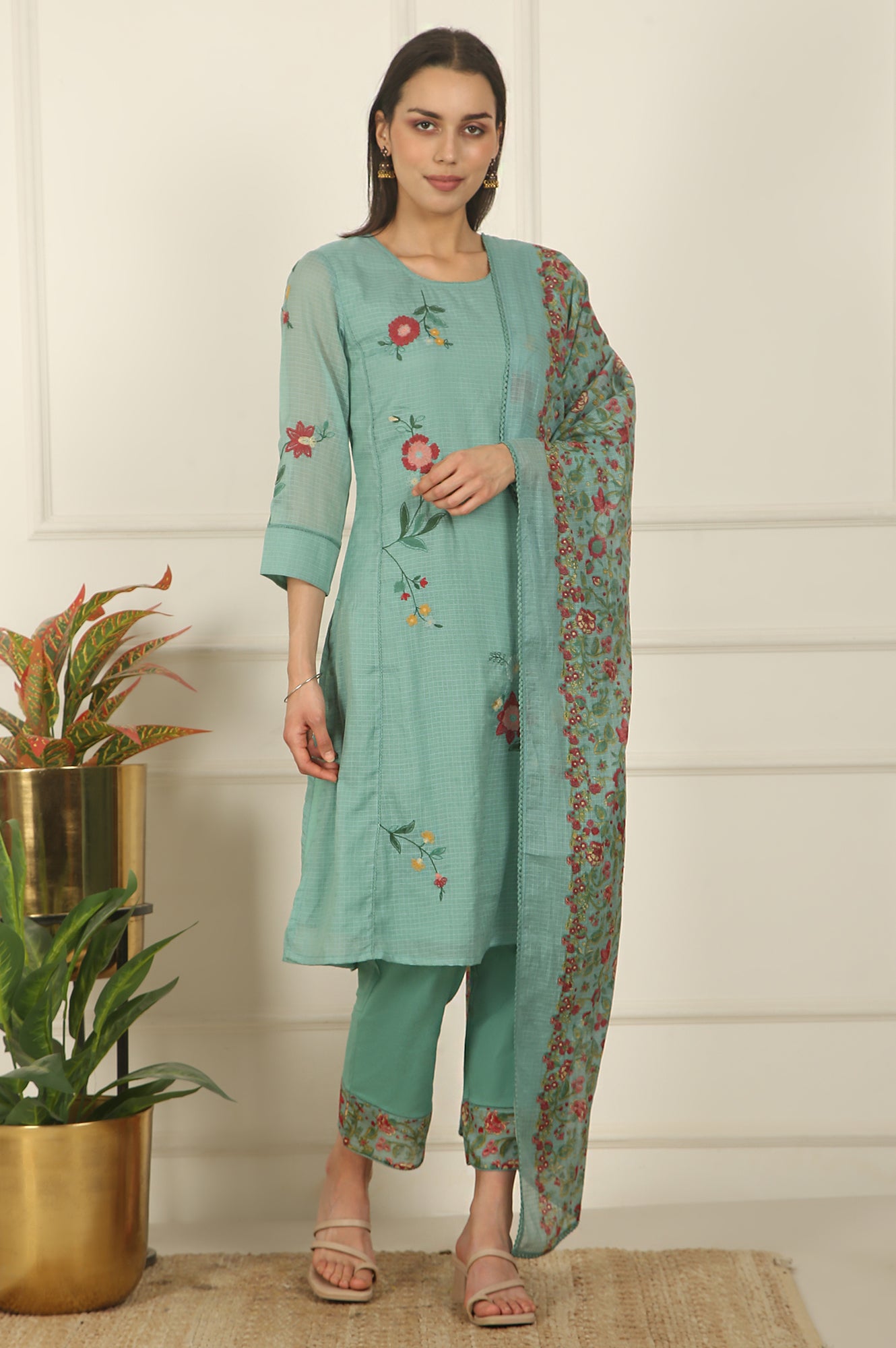 Blue Ari Embroidered Panelled Kurta, Straight Pants and Dupatta Set