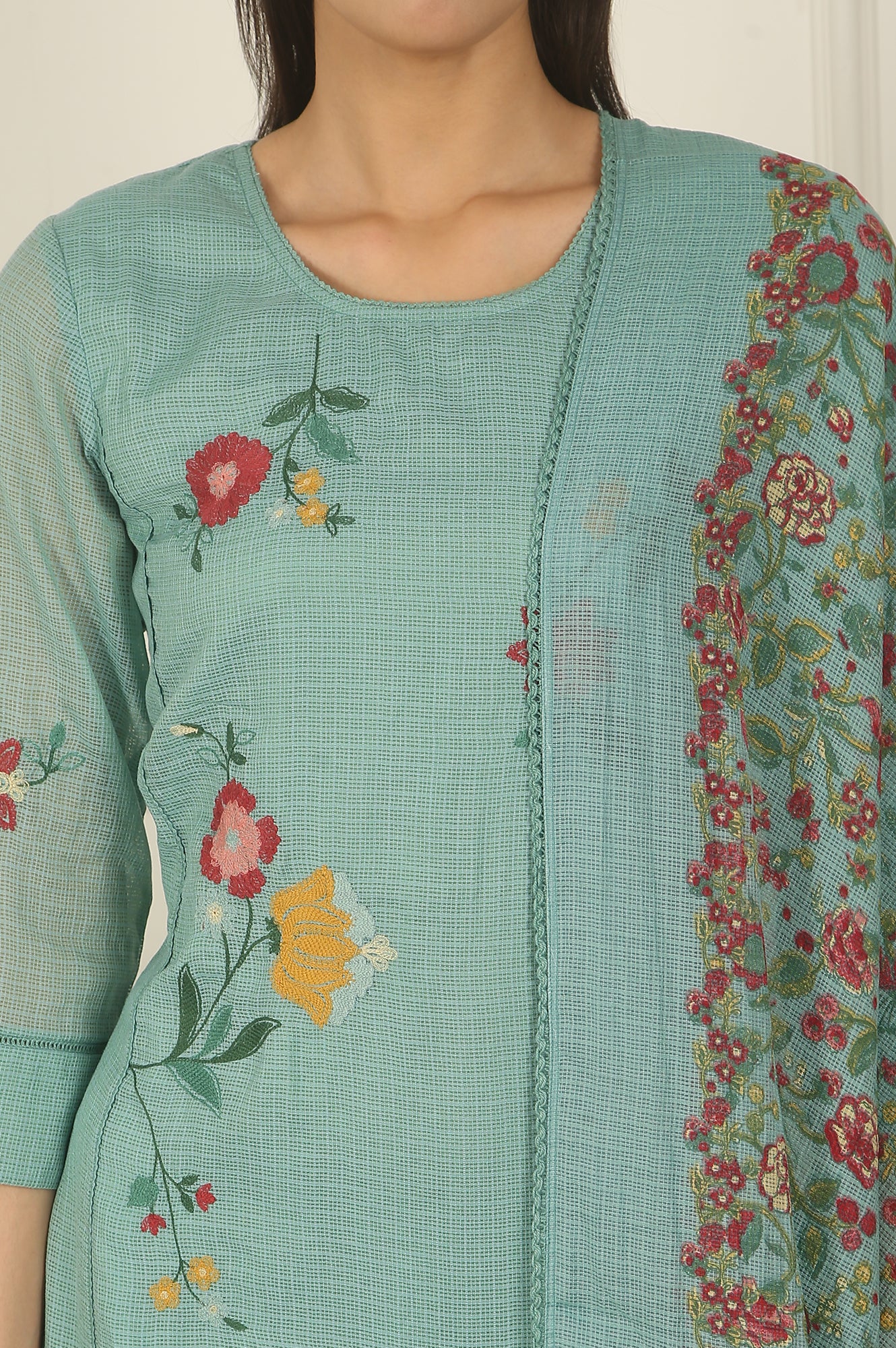 Blue Ari Embroidered Panelled Kurta, Straight Pants and Dupatta Set