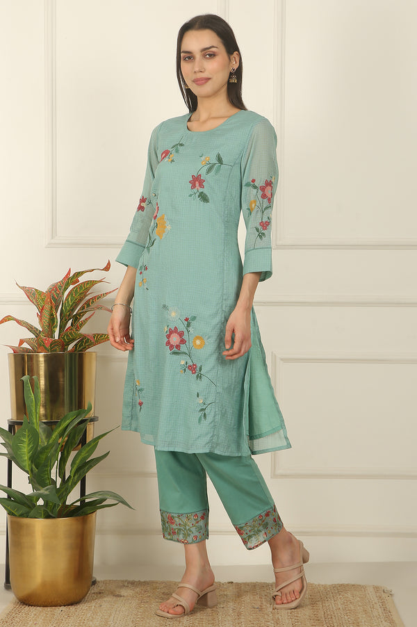 Blue Ari Embroidered Panelled Kurta, Straight Pants and Dupatta Set