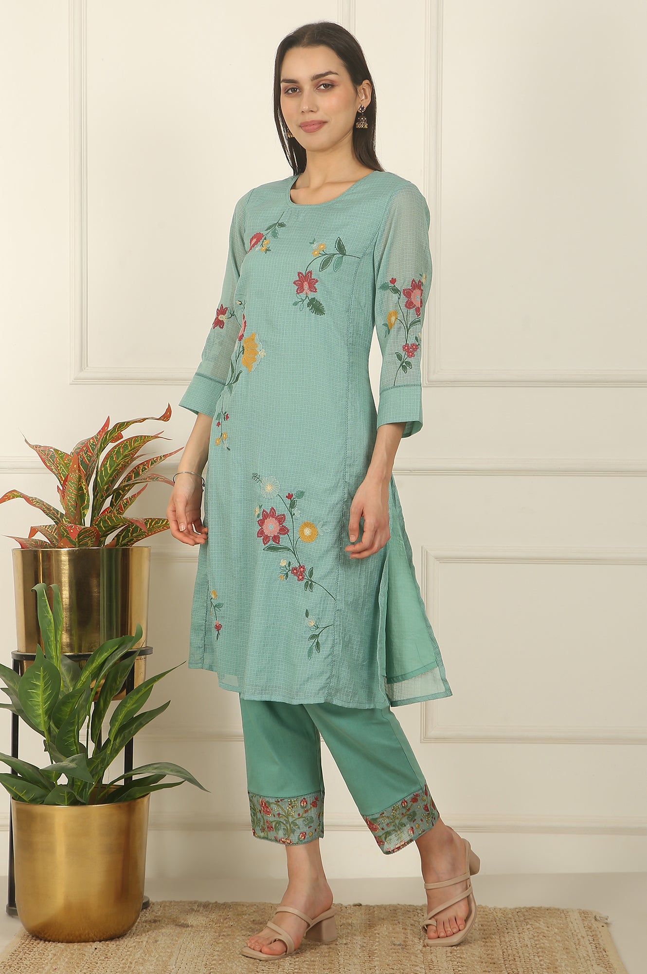 Blue Ari Embroidered Panelled Kurta, Straight Pants and Dupatta Set