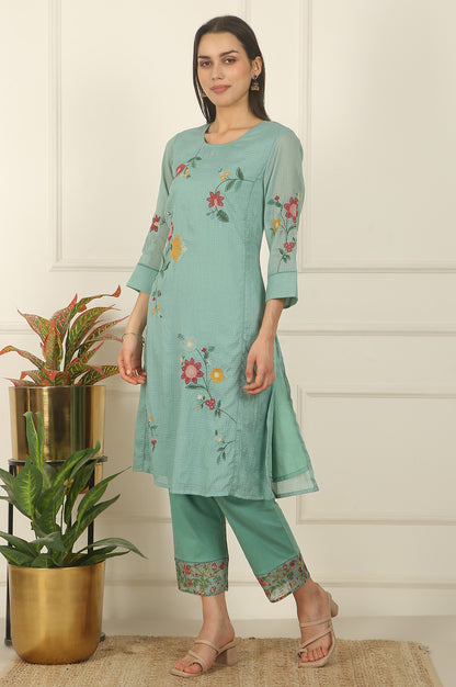 Blue Ari Embroidered Panelled Kurta, Straight Pants and Dupatta Set