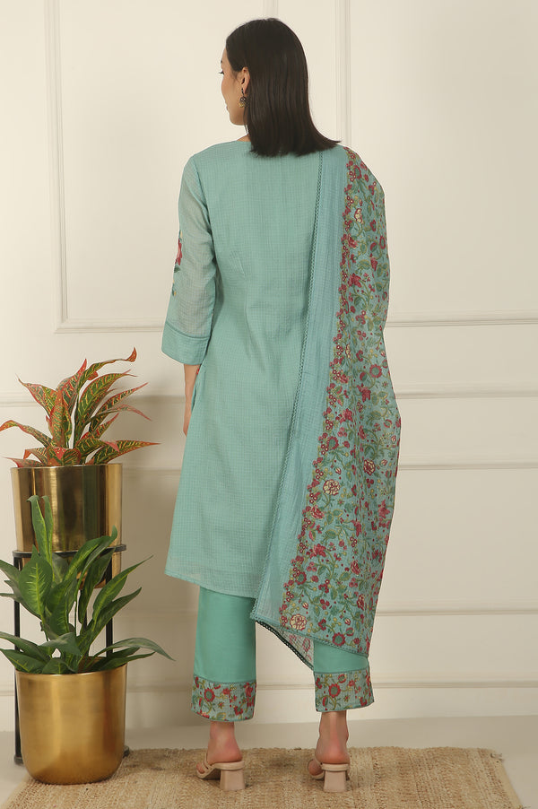 Blue Ari Embroidered Panelled Kurta, Straight Pants and Dupatta Set