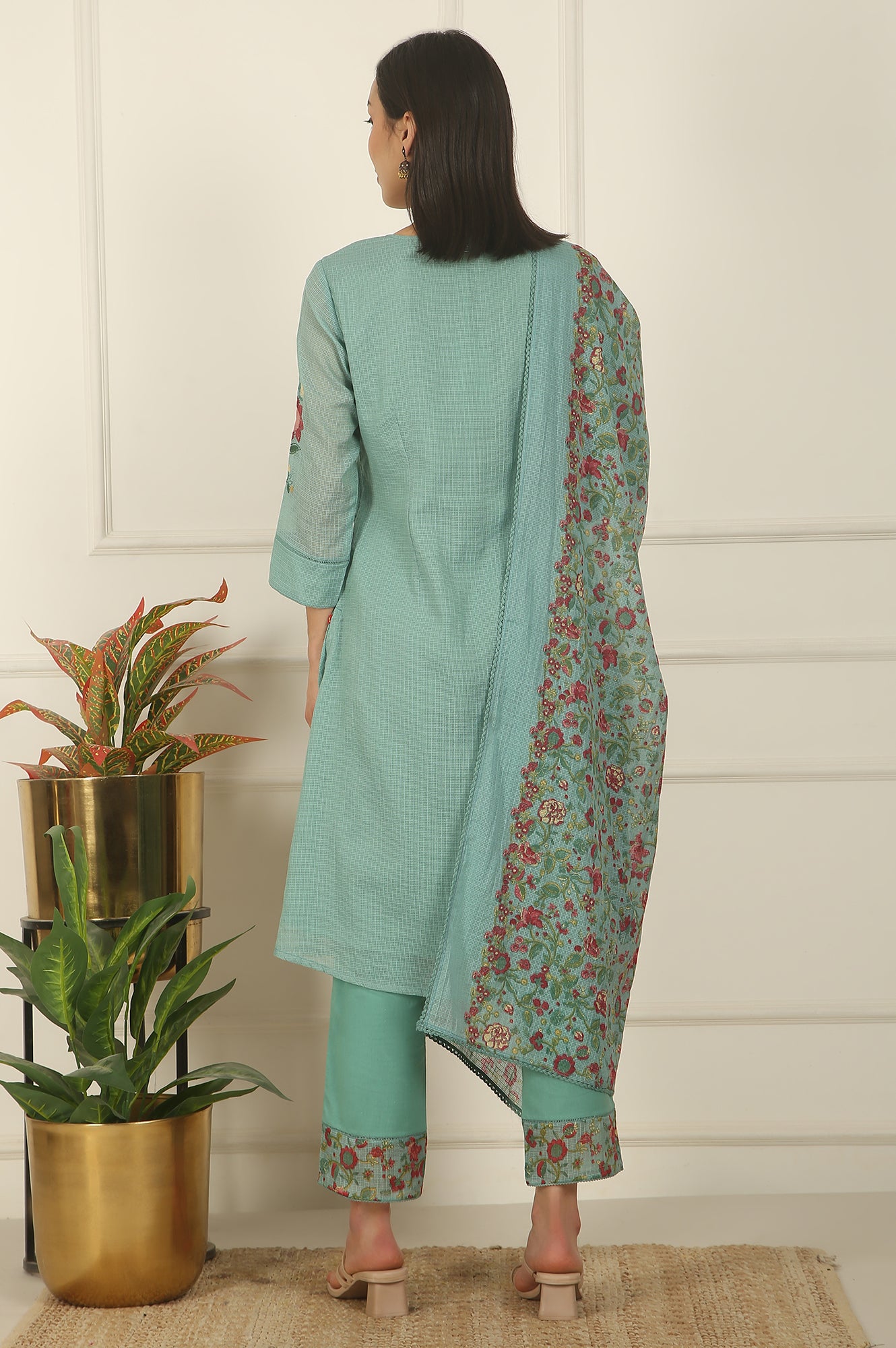 Blue Ari Embroidered Panelled Kurta, Straight Pants and Dupatta Set