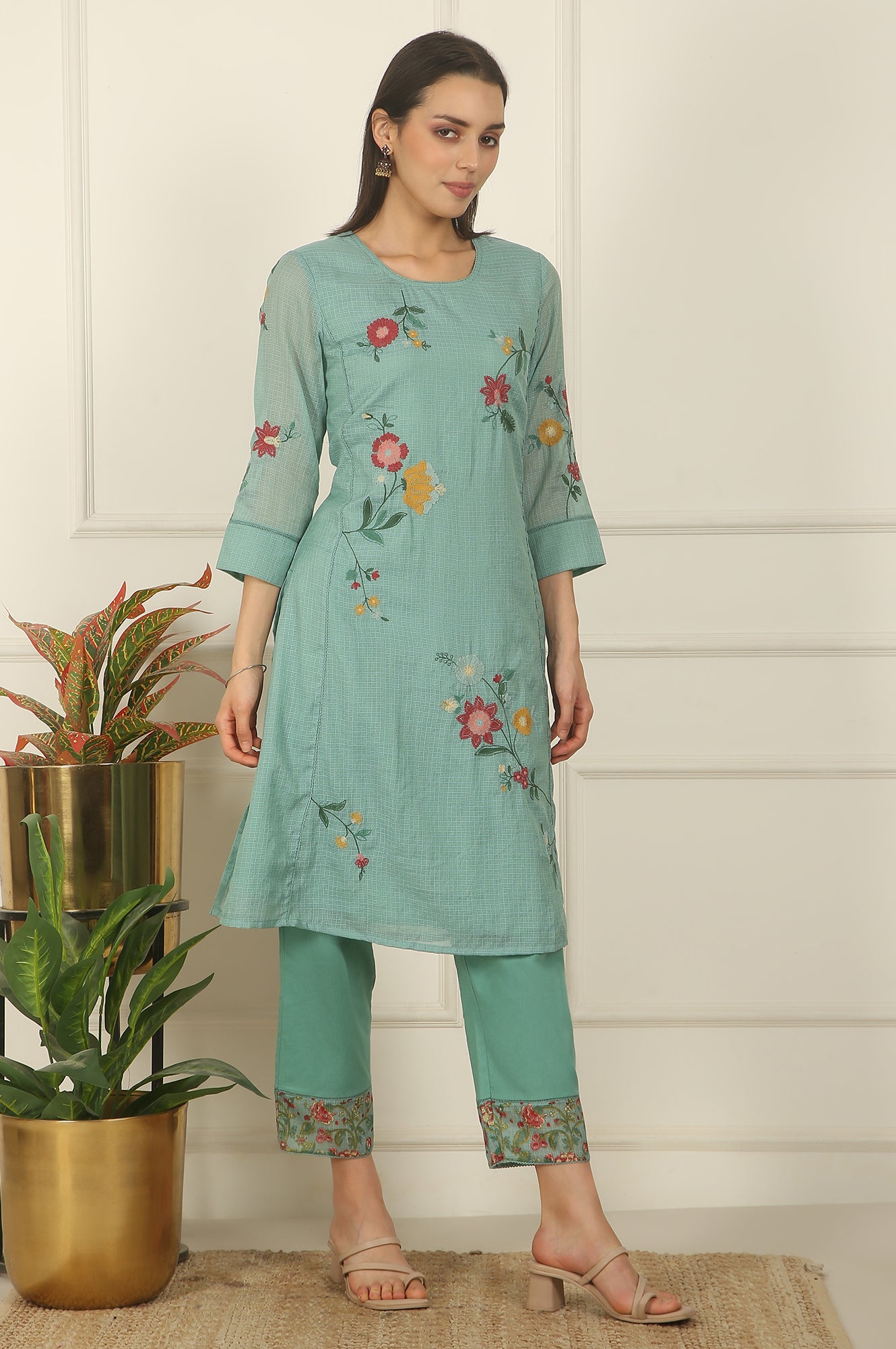 Blue Ari Embroidered Panelled Kurta, Straight Pants and Dupatta Set