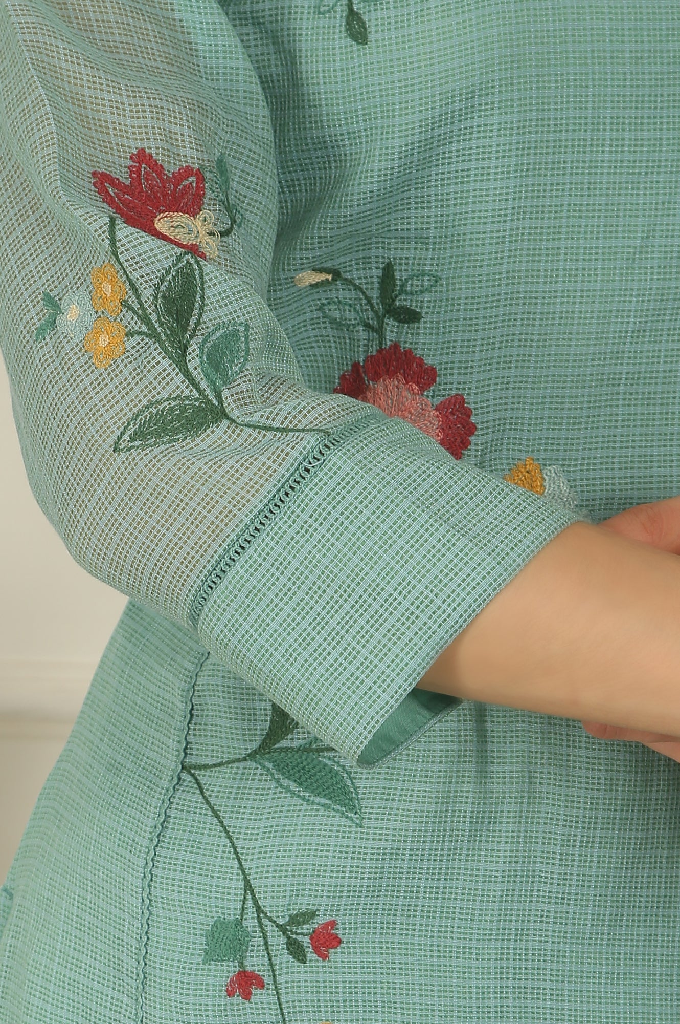 Blue Ari Embroidered Panelled Kurta, Straight Pants and Dupatta Set