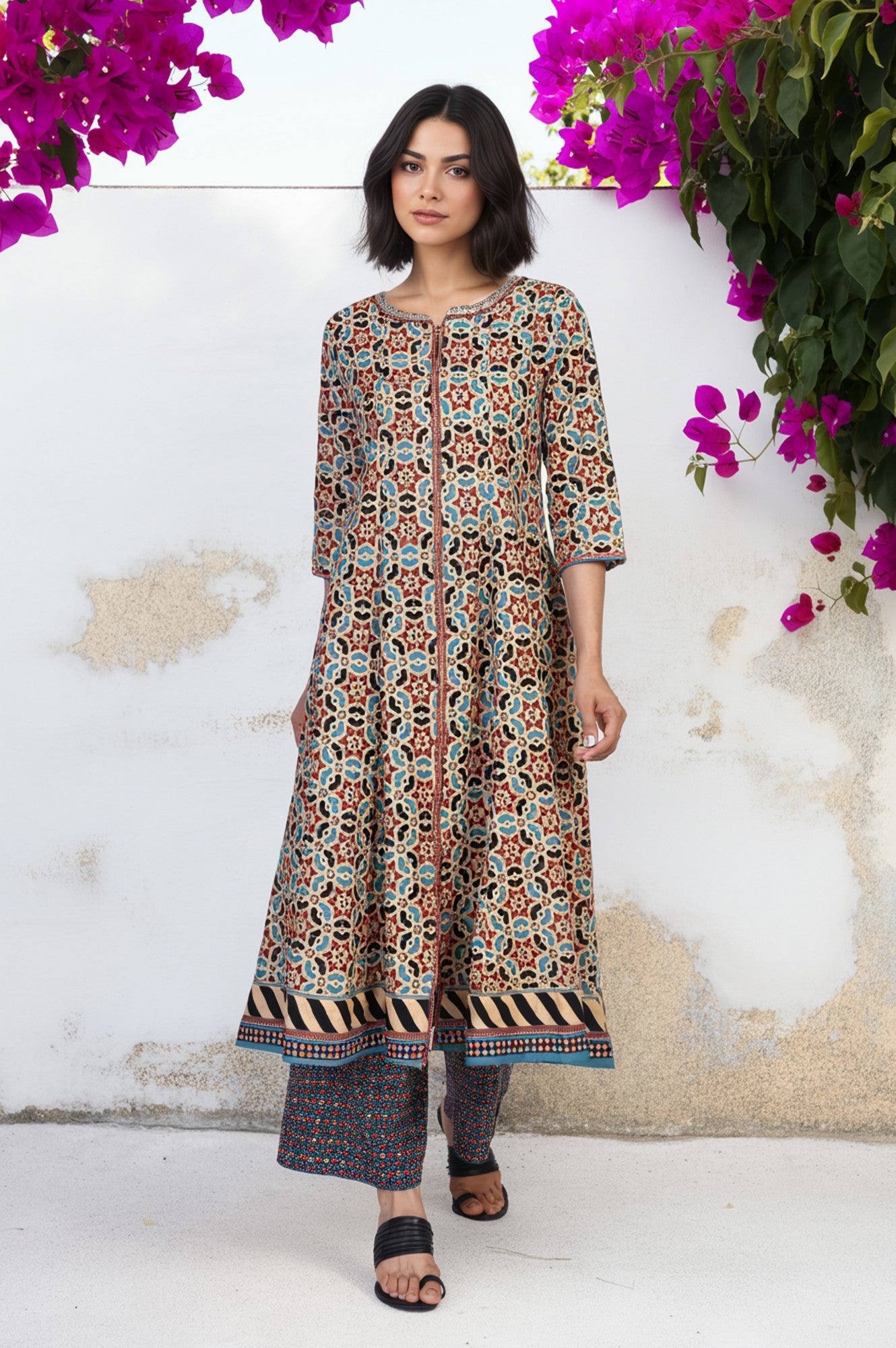 Multicolor Geometric printed Flared Cotton Kurta with Parallel Pant Set