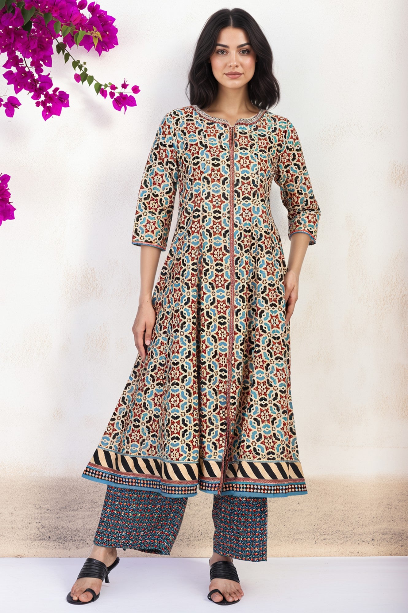 Multicolor Geometric printed Flared Cotton Kurta with Parallel Pant Set