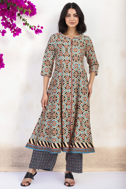 Multicolor Geometric printed Flared Cotton Kurta with Parallel Pant Set