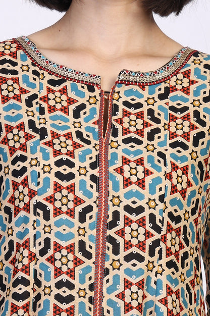 Multicolor Geometric printed Flared Cotton Kurta with Parallel Pant Set