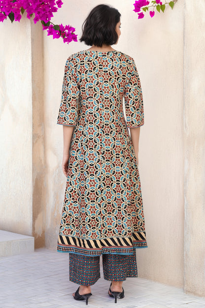 Multicolor Geometric printed Flared Cotton Kurta with Parallel Pant Set