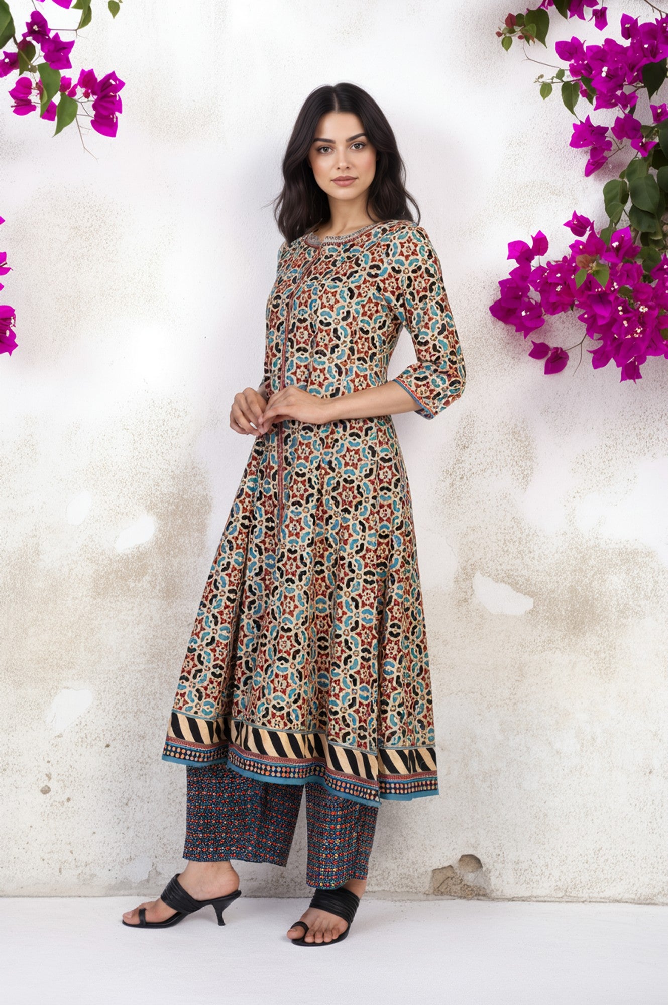 Multicolor Geometric printed Flared Cotton Kurta with Parallel Pant Set