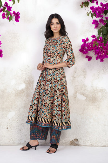 Multicolor Geometric printed Flared Cotton Kurta with Parallel Pant Set