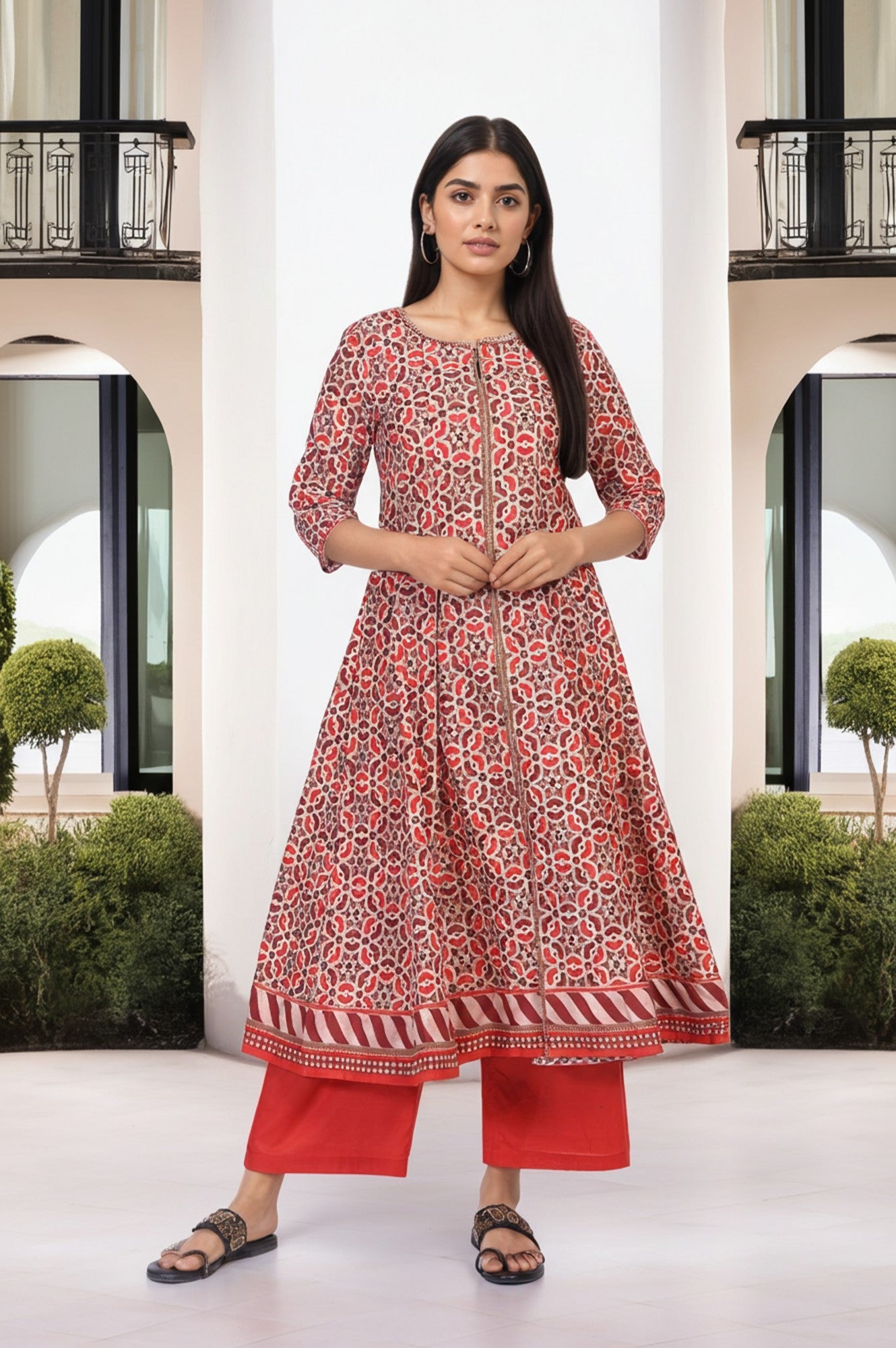 Red Geometric Printed Anarkali Cotton Kurta with Parallel Pant Set