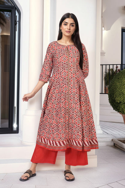 Red Geometric Printed Anarkali Cotton Kurta with Parallel Pant Set