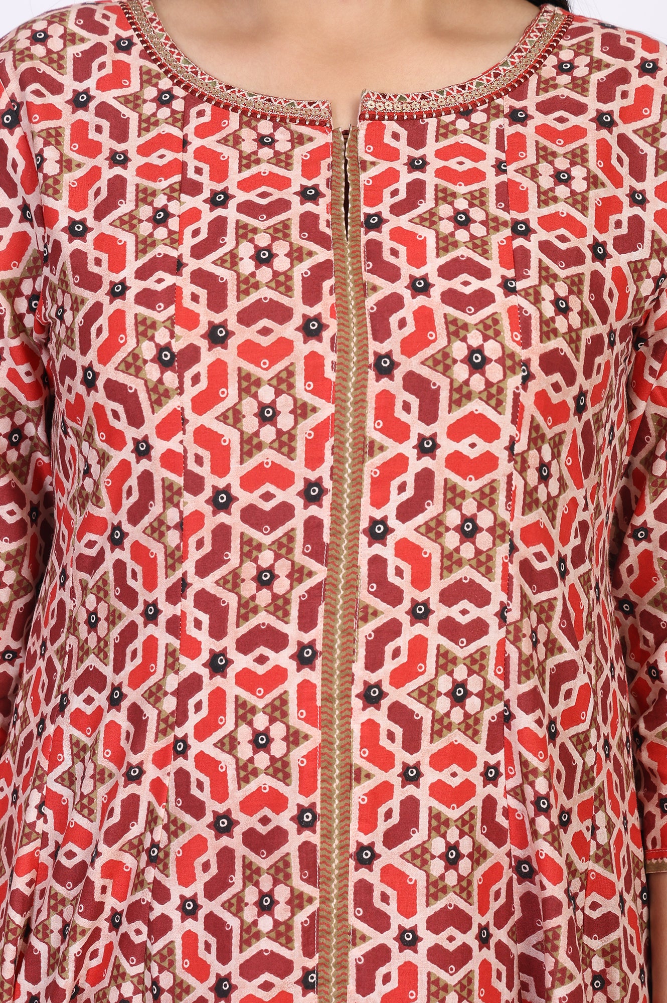 Red Geometric Printed Anarkali Cotton Kurta with Parallel Pant Set