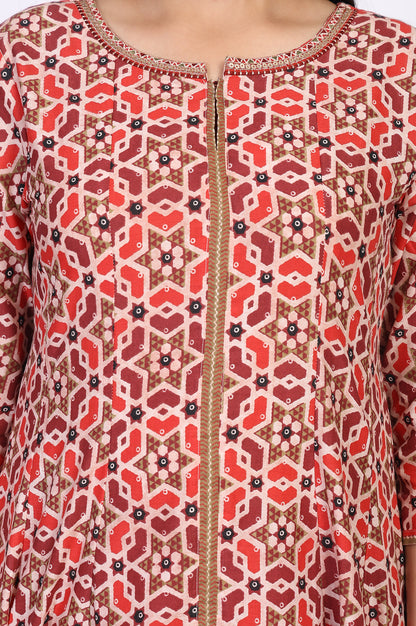Red Geometric Printed Anarkali Cotton Kurta with Parallel Pant Set