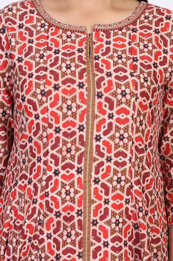 Red Geometric Printed Anarkali Cotton Kurta with Parallel Pant Set