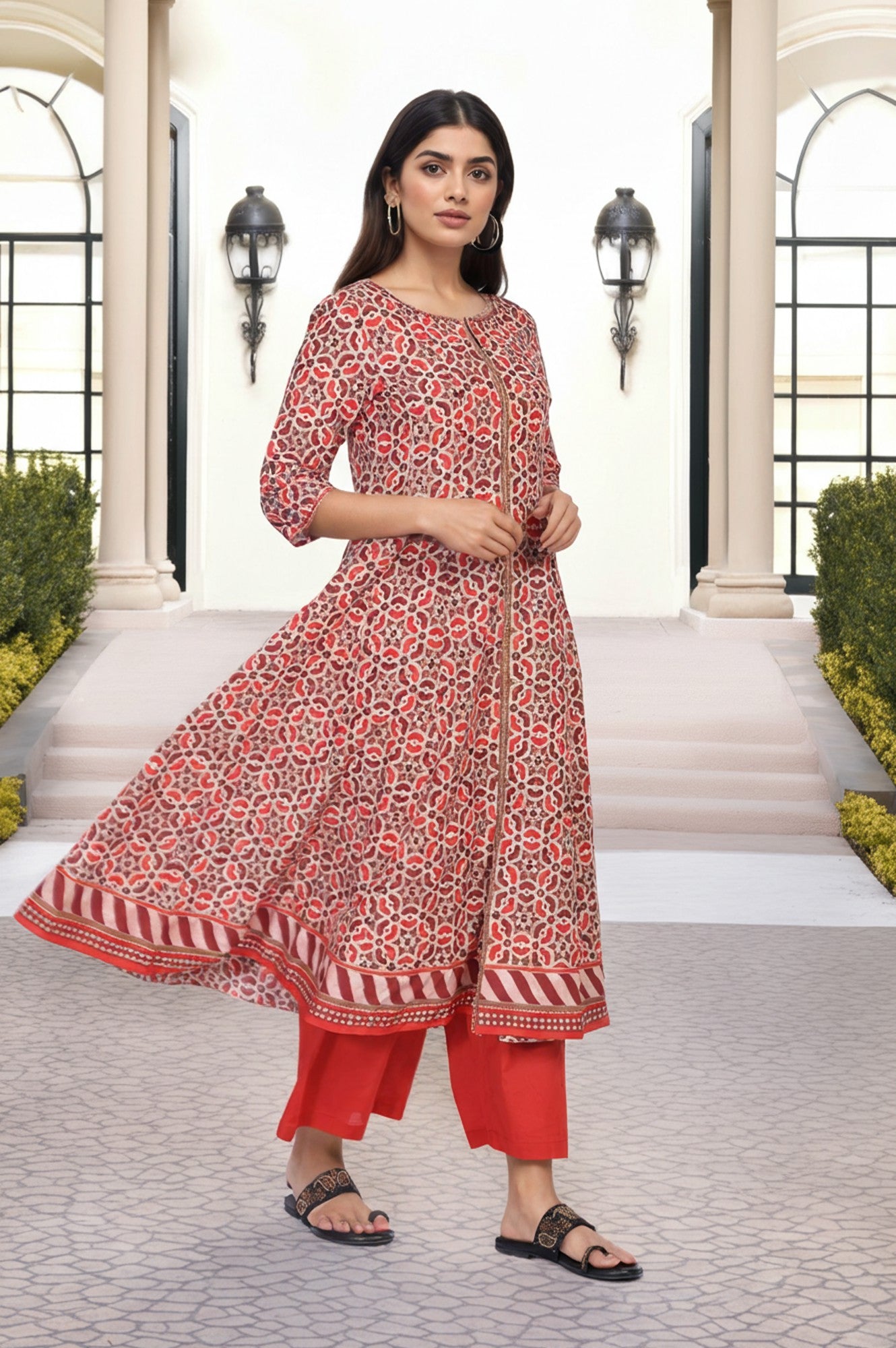 Red Geometric Printed Anarkali Cotton Kurta with Parallel Pant Set