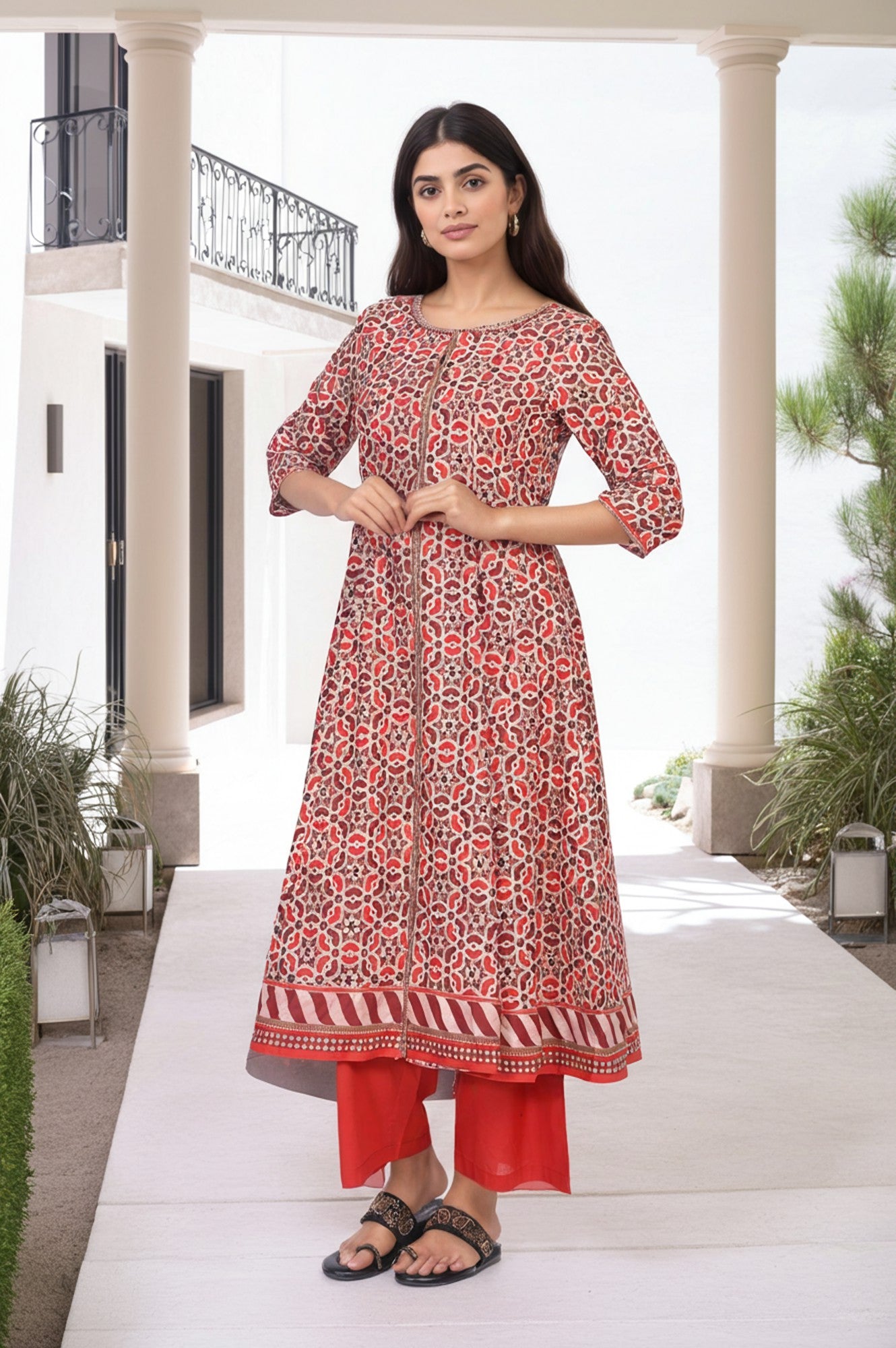 Red Geometric Printed Anarkali Cotton Kurta with Parallel Pant Set